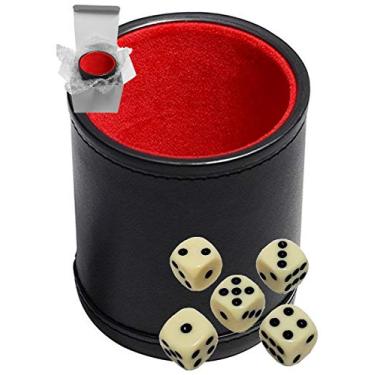 Imagem de Set of 16mm Poker / Pip Dice Rounded Corners and Black PU Leather Dice Cup Plush Velvet Lined - Gift Boxed (Pip (Dot) Dice Ivory, Black/Red Cup)