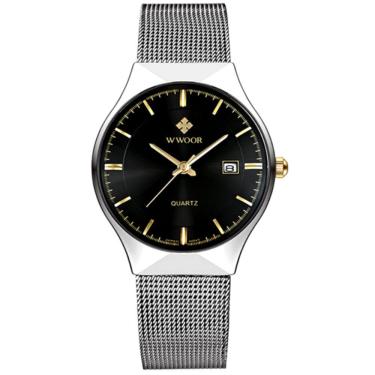 Imagem de Relógio Masculino Ultra Fino De Quartzo Minimalista Pulseira De Malha Impermeável Preto Prata
