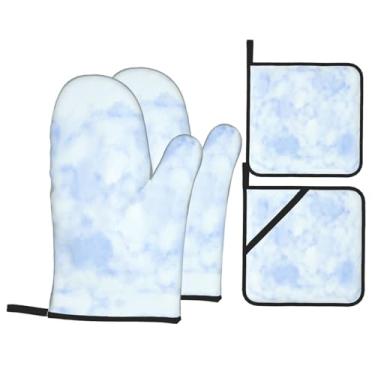 Imagem de Conjunto de luvas de cozinha com estampa azul aquarela com suportes de tampa, luvas de forno resistentes ao calor para manusear panelas quentes, grelhar, churrascos, kit de 4 peças.