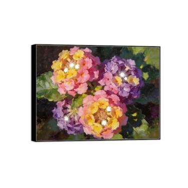 Imagem de Pintura de arte de parede de flores - imagem de decoração vintage - flores roxas e rosa - impressões em tela de moldura preta para sala de estar 50 x 65 cm 20 x 26 pol