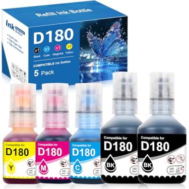 Imagem de Garrafas de refil de tinta D180 compatíveis com impressoras Brother DCP-T580DW DCP-T583DW DCP-T780DW de substituição para impressoras Brother D180 BTD180BK BTD180CLVAL, pacote com 5 (2 pretas, 1ciano