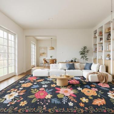 Imagem de RIMAYA Tapete de área lavável à máquina de 2,4 x 3 m, 305 x 243,8 cm, tapetes ultramacios, com suporte antiderrapante e encadernação de borda durável, tapete floral fofo para sala de estar, quarto