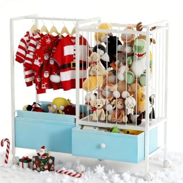 Imagem de Armazenamento de animais de pelúcia com rodas, rede 3 em 1 para animais de pelúcia com rack de roupas infantis e organizador de brinquedos, suporte de brinquedo de pelúcia com gaveta de tecido, gaiola