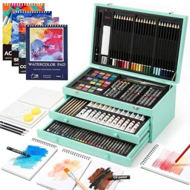 Imagem de Conjunto de arte de luxo de 194 peças, materiais de arte de desenho de pintura com 4 blocos de desenho, tintas acrílicas, giz de cera, lápis de cor conjunto em caixa de madeira, kit de arte caixa de