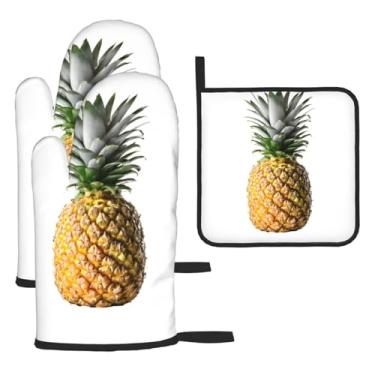 Imagem de Conjunto de cozinha essencial de 3 peças com estampa de abacaxi, luvas resistentes ao calor e alça de tampa, proteção para churrasco no forno, design de armazenamento suspenso.