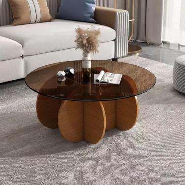 Imagem de Yadlan Mesas de centro redondas de vidro elegante mesa de centro redonda com pernas de madeira maciça e mesa de vidro temperado para sala de estar casa pequeno espaço recepção mesas de escritório cor
