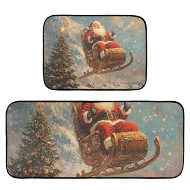 Imagem de Burbuja Conjunto de 2 tapetes e tapetes de cozinha de Natal Papai Noel no trenó, absorvente, lavável, antiderrapante, confortável, para cozinha, banheiro, sala de estar, lavatório, lavanderia