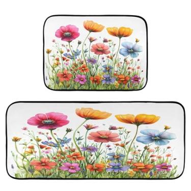 Imagem de Qilmy Tapetes de cozinha de flores silvestres aquarela 2 peças, tapete de entrada frontal, antiderrapante, alivia a fadiga, lavável, tapete para cozinha, quarto, varanda615