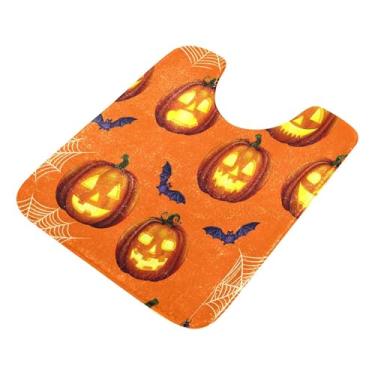 Imagem de Burbuja Tapete de banheiro brilhante Jack O Lantern Pumpkins, tapete de banho absorvente de pelúcia macio, base antiderrapante para piso de banheiro, oval em forma de U