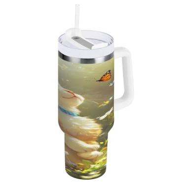 Imagem de STAYTOP Copo de gato fofo para Dia dos Namorados de 1,134 g com tampa e canudo, copo isolado de aço inoxidável durável à prova de vazamento com alça, garrafas de água à prova de derramamento para