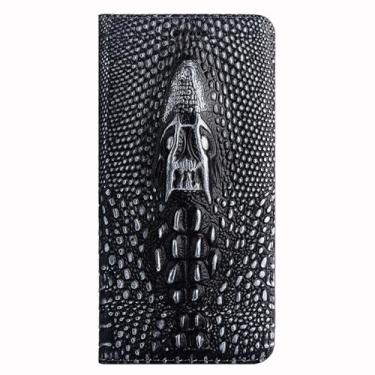 Imagem de LTLMYDAM Capa de luxo para Xiaomi 17 Pro Max/17 Pro/17, capa carteira com relevo de cabeça de crocodilo 3D, capa de couro genuíno à prova de choque, preta, 17