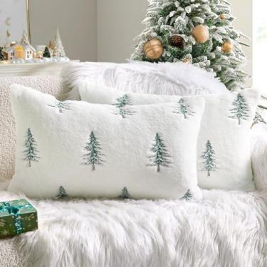 Imagem de MIULEE Capas de almofada de Natal decorativas de pele sintética com árvore bordada, 30 x 50 cm, branco e verde, pacote com 2 para sofá, sofá, quarto, cadeira, decoração de Natal, detalhes em casa de