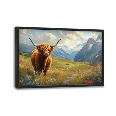 Imagem de Arte de parede de vaca Highland para sala de estar, decoração de parede de lona de montanha grande, pintura emoldurada de imagens de natureza, arte de paisagem de animais para quarto, escritório