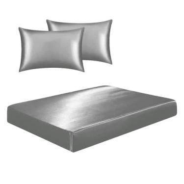 Imagem de LM Detona, Jogo De Lençol Casal King Cetim Seda Alto Brilho 3 Peças Cor:Cinza