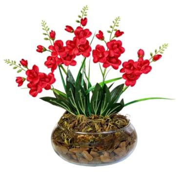 Imagem de Arranjo Flores Artificiais Vaso De Vidro DecoraçãO OrquíDeas Flores Artificiais DecoraçãO Para Casa Altamente Decorativo E Esteticamente AgradáVel(Vermelho)