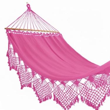 Imagem de Rede de Dormir Casal Grande com Madeira Luxo Reforçada para Descanso(Rosa Choque)