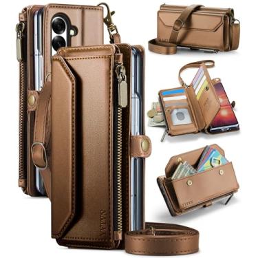 Imagem de YYTVN Capa carteira para Samsung Galaxy Z Fold 7 com zíper e alça de cordão transversal e alça de pulso, capa flip magnética de couro PU com bloqueio de RFID para Galaxy Z Fold 7 - marrom