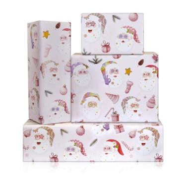 Imagem de Papel de embrulho de Natal de Papai Noel, 4 folhas de papel de embrulho rosa claro engraçado pai estrela de Natal meias de bengala doces papéis de embrulho para véspera de Natal, presentes de família