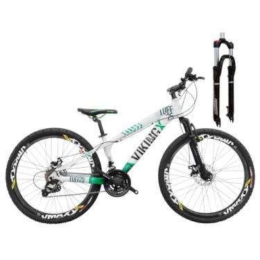 Imagem de Viking Tuff X25 Aro 26 Bicicleta 24 Marchas Infantil Em Aluminio 6061 Aros Aeros Freio a Disco Hidraulico Garfo com Suspensão 100mm com Trava,Branco Verde