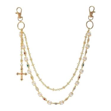 Imagem de Corrente de carteira de pérolas em camadas – Corrente de bolso fashion com cruz de flor de strass para mulheres e homens, linda bolsa de joias com pingente (corrente de flor dourada)