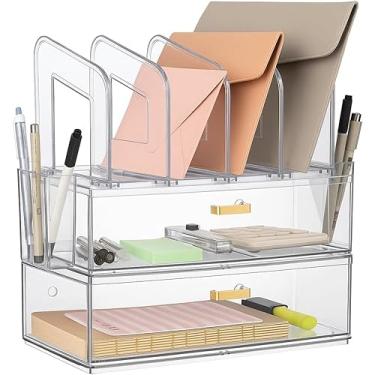 Imagem de LALOBLUE Organizador de mesa de acrílico com gaveta e suporte de arquivo vertical, organizadores de mesa e acessórios, organizador multifuncional de material de escritório para casa ou mesa de