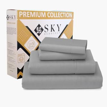 Imagem de SKY BEDDINGS Jogo de lençóis 100% algodão 4 peças - 400 fios de cetim trançado, conjunto de lençóis Queen olímpicos 167,6 cm x 203,2 cm com bolsos profundos de 38,1 cm, resfriamento, respirável