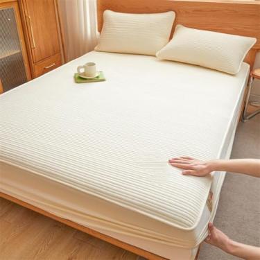 Imagem de Lençol elástico, capa de cama de colchão acolchoado, roupa de cama luxuosa, lavável na máquina, macio, sem rugas, fácil instalação, para casa e hotel - bege | 150 x 190 cm