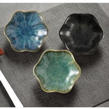 Imagem de Pratos de molho de folha de lótus, conjunto de 3 peças de cerâmica estilo japonês com borda dourada para panela quente, sushi, entretenimento de mesa, cor escura