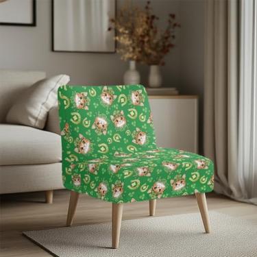 Imagem de Merkmak Capas de cadeira sem braços para cadeiras de destaque, capa de chinelo sem braços, capa para sofá, cadeira, dia de São Patrício, trevos de gato, protetor de sofá individual para decoração de