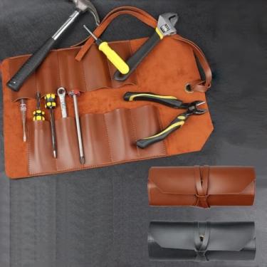 Imagem de Bolsa de ferramentas de couro PU, organizador de enrolar para chaves de fenda, alicates, 10 bolsos, portátil para eletricistas, mecânicos, preto