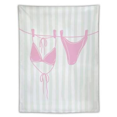 Imagem de Conjunto de biquíni rosa em linha, tapeçaria de linha mínima, arte listrada, decoração de casa temática de praia, decoração de casa para quarto, banheiro, verão, vibe60 x 80 tapeçaria