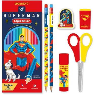 Imagem de Kit Escolar Superman com 12 Lápis de COR + 6 ITENS Criativos (blister)