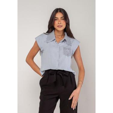 Imagem de Blusa Alfaiataria Com Gola Em Renda E Bolso Decorado Azul Salvatore, P