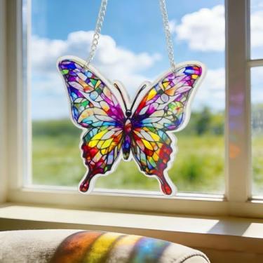 Imagem de KAKUPPA Apanhador solar de borboleta, pendurar em vitrais, decorações de borboleta de acrílico para quarto, escritório, sala de estar, presentes atenciosos para mulheres, amigas e familiares
