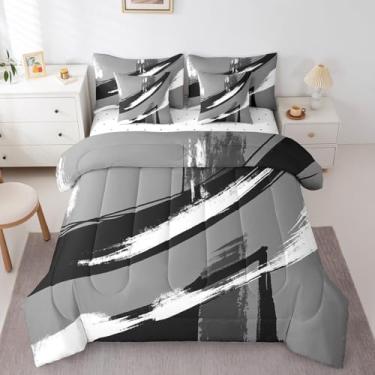 Imagem de Feelyou Conjunto de edredom abstrato preto e branco com linha de tinta abstrata, solteiro, 7 peças, para crianças, meninos, meninas, geométrico, moderno, em uma bolsa