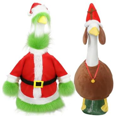Imagem de JarThenaAMCS Conjunto de 2 conjuntos de roupas de ganso de Natal verde Papai Noel e ganso de cachorro para fantasia de 58 cm para decoração de jardim ao ar livre de Natal