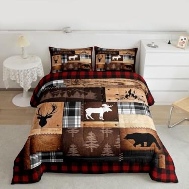 Imagem de Feelyou Conjunto de edredom de cabana, tamanho king, rústico, urso, veado, para meninos e meninas, preto, vermelho, búfalo, xadrez, de madeira, decoração de quarto de fazenda, vida selvagem com 2