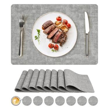 Imagem de Jogo americano de vinil, conjunto de 8 tapetes de couro sintético, à prova d'água e resistente ao calor, tapetes de mesa laváveis antiderrapantes com porta-copos para ambientes internos e externos, 43