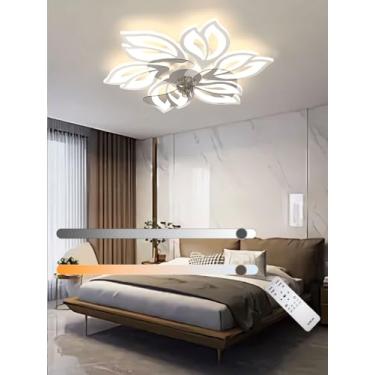 Imagem de Ventilador de teto com luminária LED moderna, silencioso e criativo, em formato de flor, com controle remoto, intensidade de luz ajustável e 6 velocidades, ideal para quarto e sala de estar