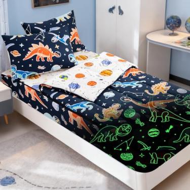 Imagem de Meeting Story Conjunto de edredom infantil solteiro com zíper e dinossauro espacial que brilha no escuro (azul-marinho, solteiro)
