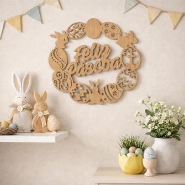 Imagem de Placa Decorativa Para Porta Feliz Páscoa em MDF 3mm Natural Coelhinhos e Ovos decorados