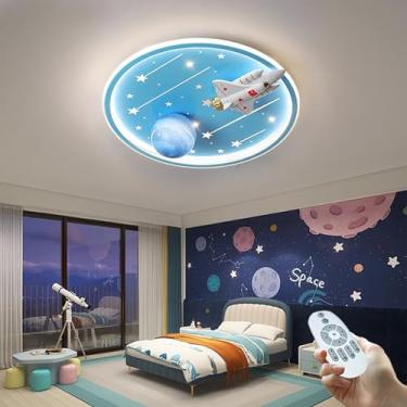 Imagem de Luminária de teto infantil LED regulável com controle remoto, estilo moderno, com estrelas e aviões, para quarto de meninas e meninos, azul, 57W.