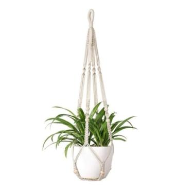Imagem de Cabide de macramê marfim para plantas de interior, cesta de plantas para pendurar Boho com contas de madeira, suporte decorativo de vaso de flores, 89 cm, conjunto de 1 (vasos não incluídos)