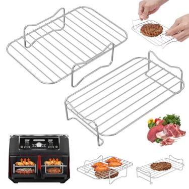 Imagem de UKQRRTC 2 unidades de rack de fritadeira a ar, rack desidratador quadrado empilhável de camada dupla, feito de aço inoxidável, estrutura suspensa e aquecimento uniforme para cozinhar, cozinhar a vapor