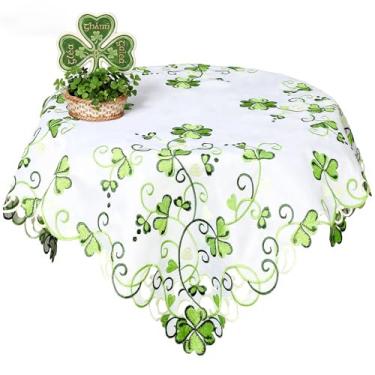 Imagem de SiliFine Toalha de mesa de dia de São Patrício com bordado quadrado de 86 cm, trevo verde, para o dia de São Patrício, festa irlandesa, jantar, cozinha, decoração de férias