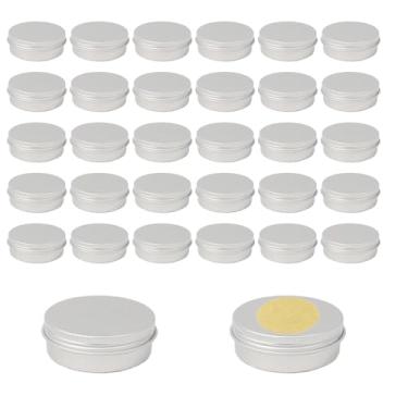 Imagem de Pacote com 32 latas de alumínio, latas redondas de alumínio de 59 ml com tampa de parafuso e etiquetas, recipientes recarregáveis de alumínio para cosméticos, protetor labial, creme