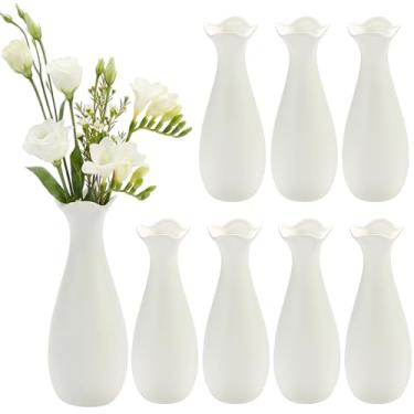 Imagem de Qinyoung Conjunto de 8 vasos de cerâmica branca, pequeno vaso de flores brancas de 20 cm para centros de mesa, decoração floral para festa de casamento, mesa de jantar, decoração de casa (elegante)
