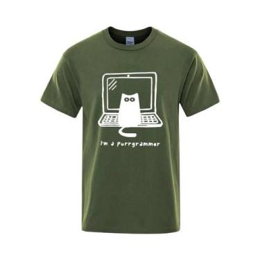 Imagem de Camiseta Masculina Engraçada Com Estampa De Gato Programador, Algodão,