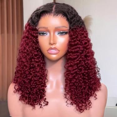 Imagem de Peruca frontal de renda Hihmarm Highlight 1B/99J Deep Wave Bob, cabelo humano pré-arrancado, 13x6 HD,frontal de renda, cabelo humano molhado e ondulado, peruca cacheada de 16 polegadas