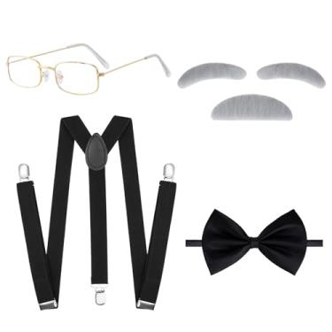 Imagem de Hmxpls Kit de fantasia de velho vovô 5 peças - óculos, bigode cinza e sobrancelhas, gravata borboleta, suspensórios (clássico C)